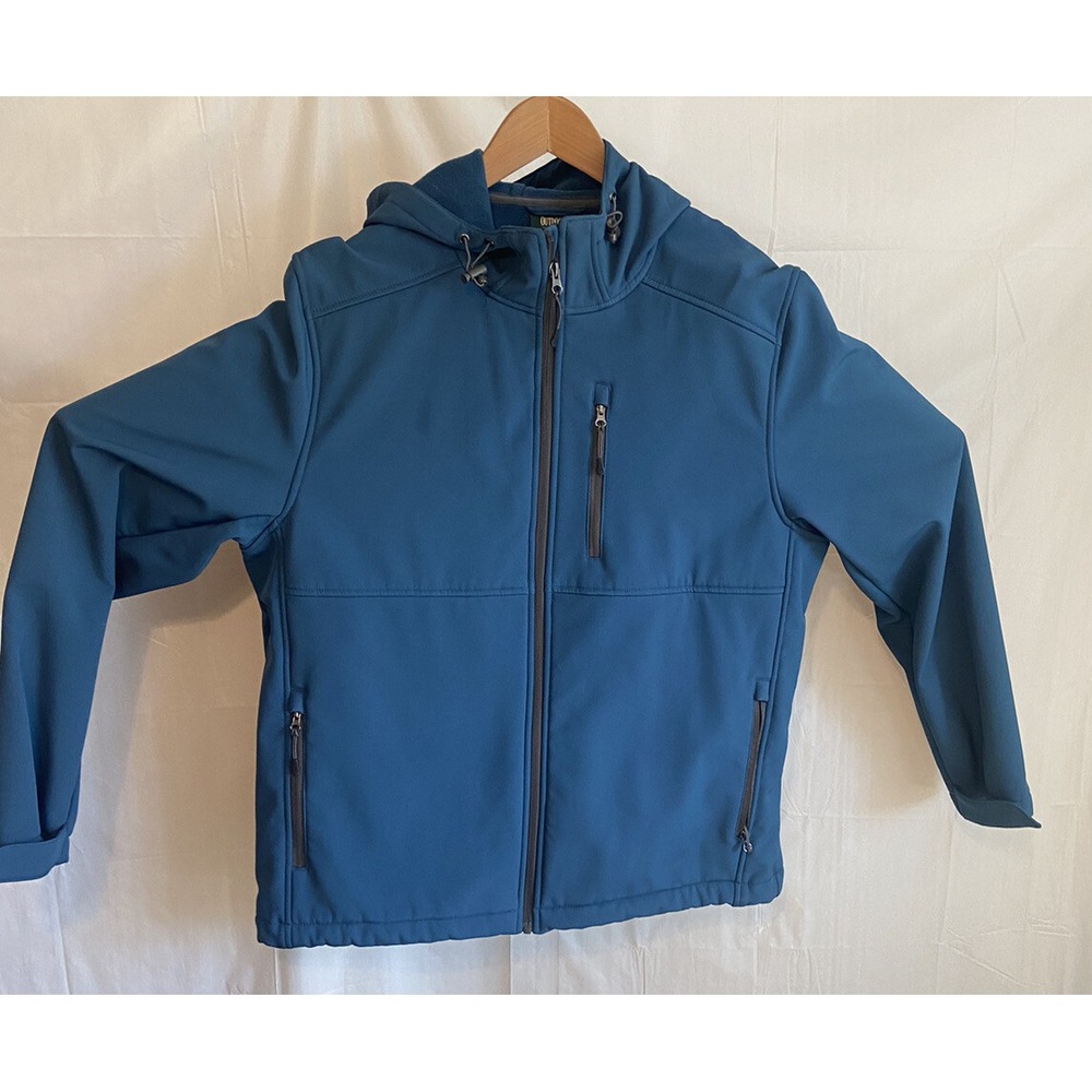 Outdoor Life Mens Blue Softshell Hooded Jacket Fleece Lined Large Full Zip